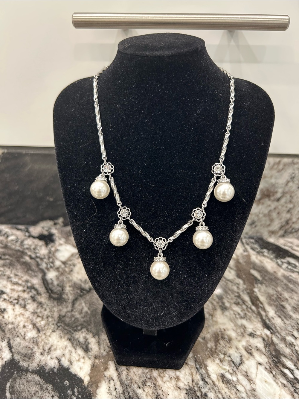 Elegant Worn Rhodium Pearl Drop Necklace - White Pearls